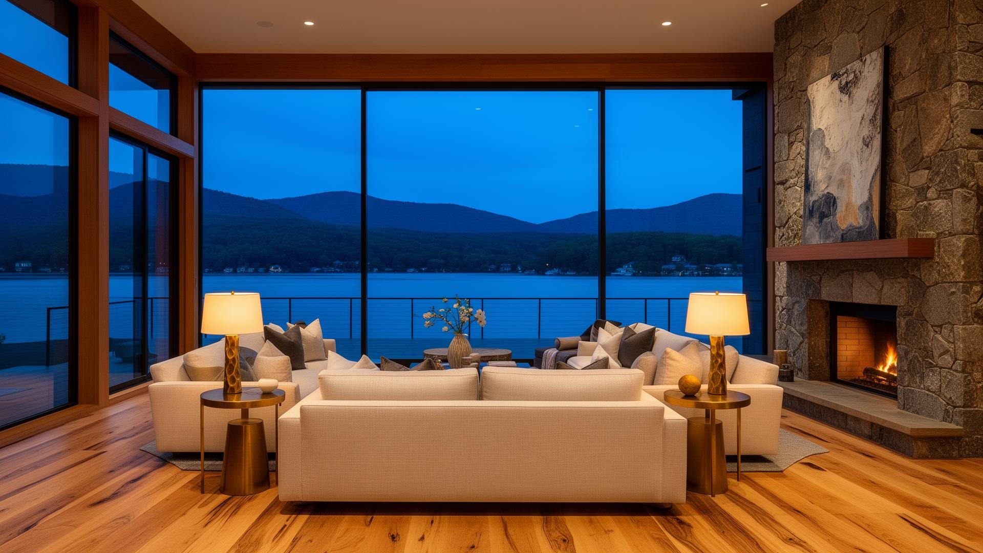 Designer-staged lakefront living room overlooking Greenwood Lake at dusk